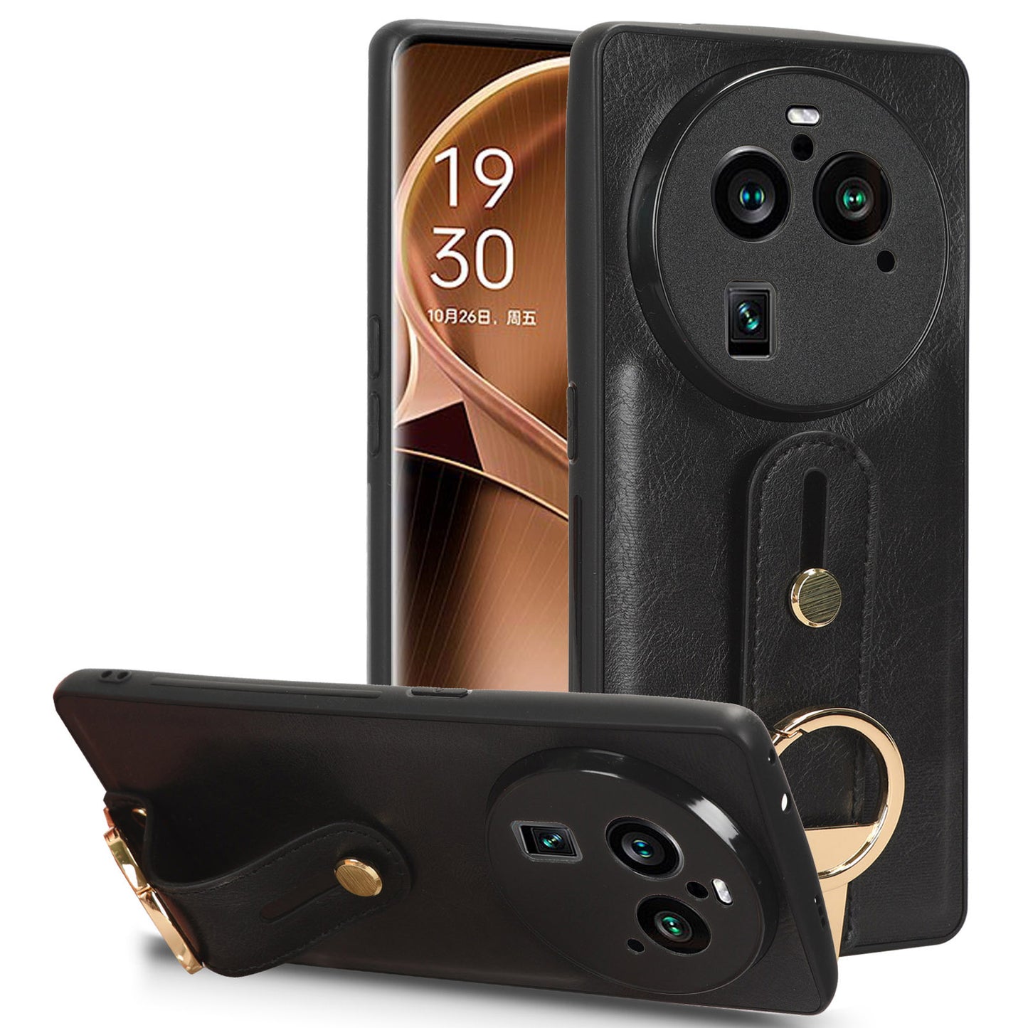 Phone Cover for Oppo Find X6 Pro Wristband Kickstand PU Leather Coated PC+TPU Case with Neck Strap