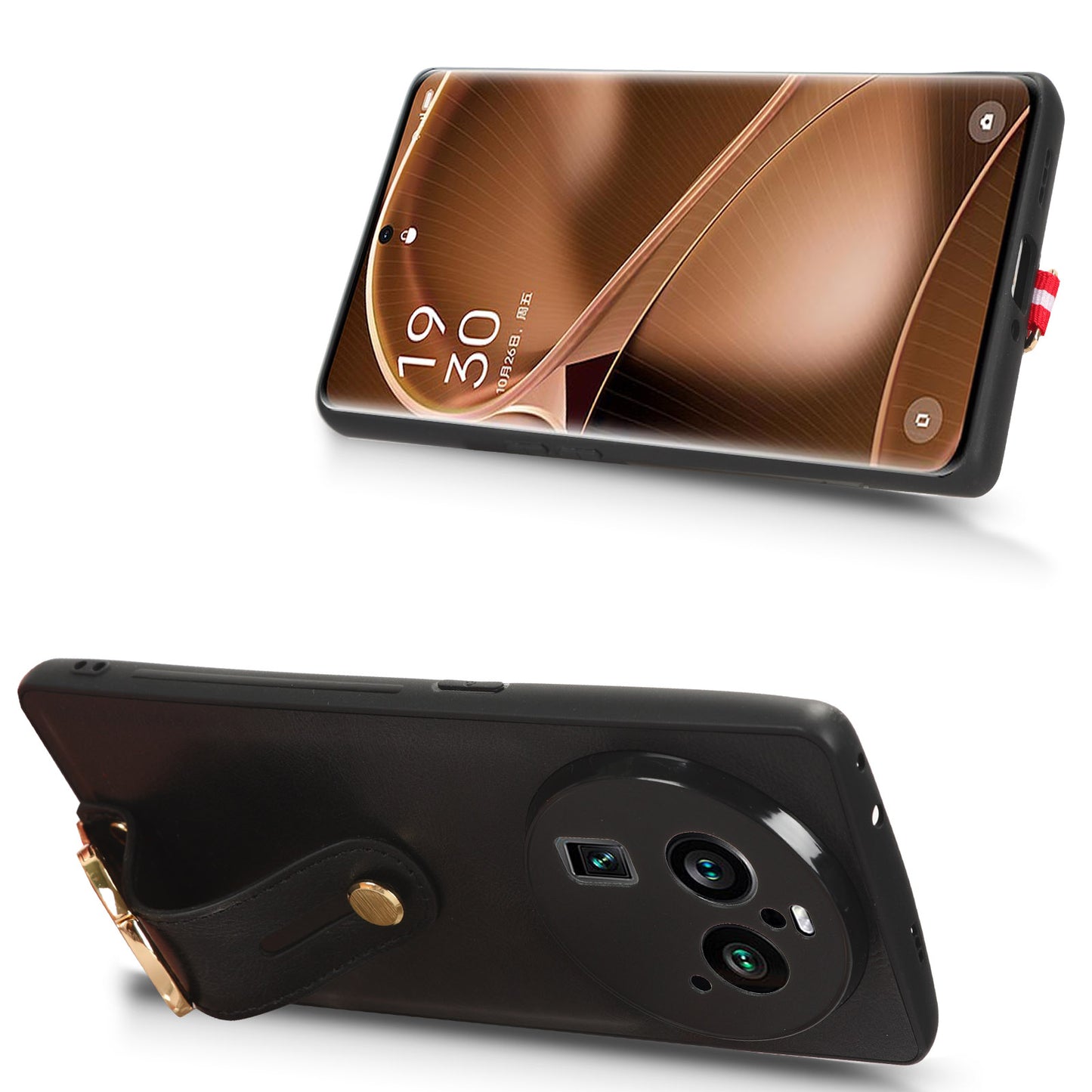 Phone Cover for Oppo Find X6 Pro Wristband Kickstand PU Leather Coated PC+TPU Case with Neck Strap