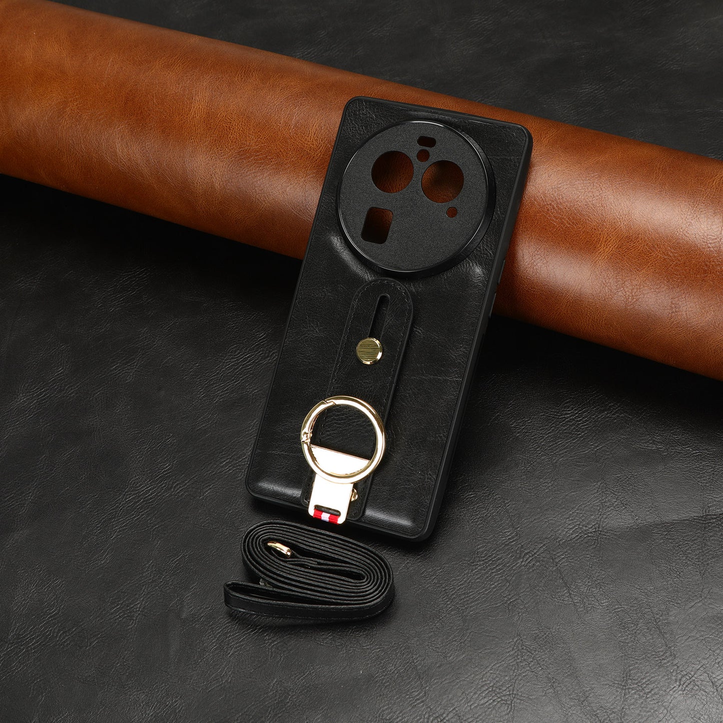 Phone Cover for Oppo Find X6 Pro Wristband Kickstand PU Leather Coated PC+TPU Case with Neck Strap