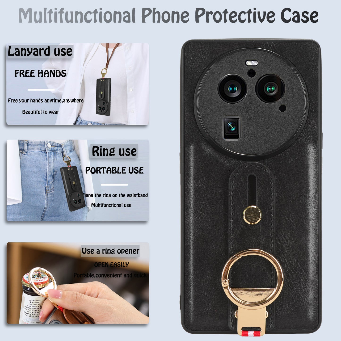 Phone Cover for Oppo Find X6 Pro Wristband Kickstand PU Leather Coated PC+TPU Case with Neck Strap