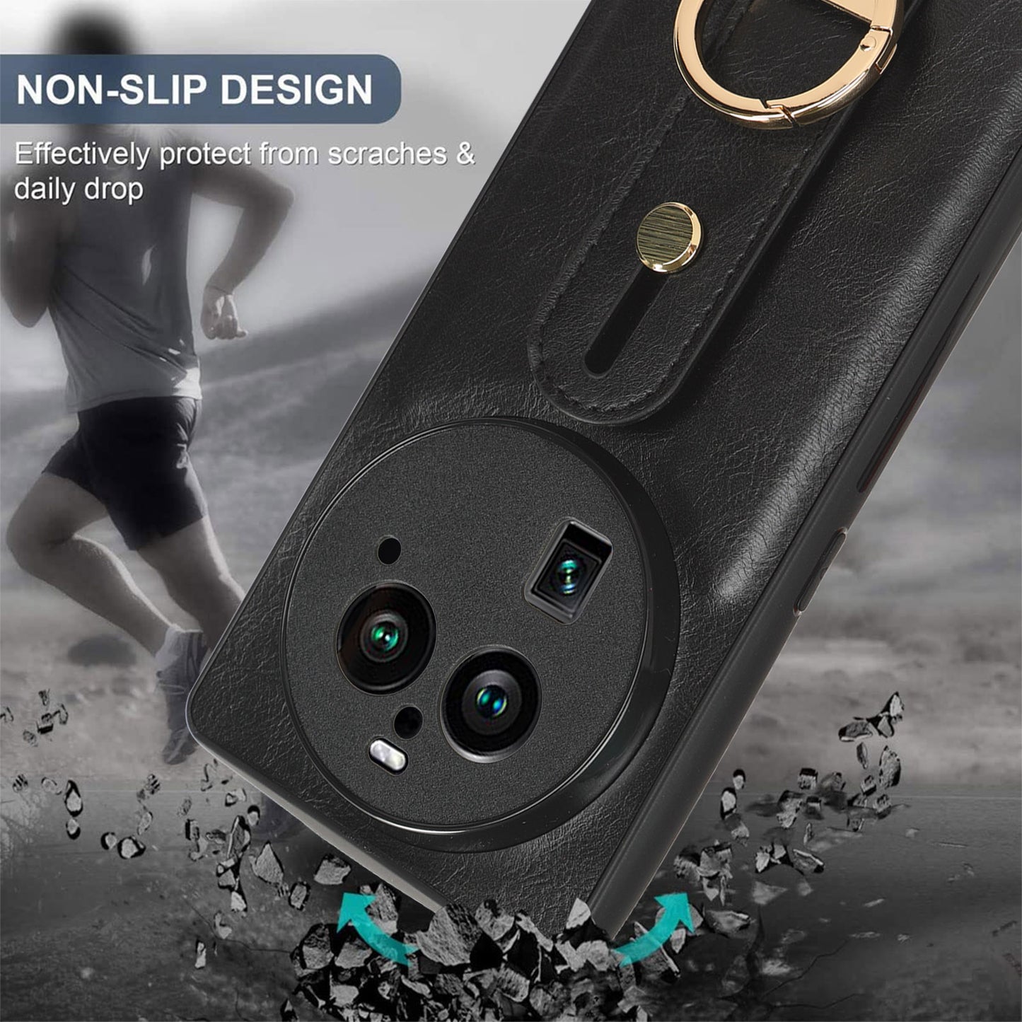 Phone Cover for Oppo Find X6 Pro Wristband Kickstand PU Leather Coated PC+TPU Case with Neck Strap