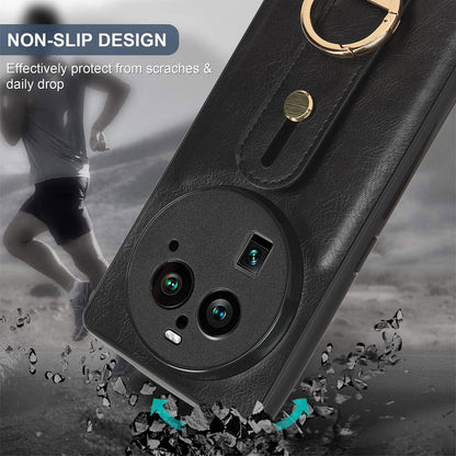 Phone Cover for Oppo Find X6 Pro Wristband Kickstand PU Leather Coated PC+TPU Case with Neck Strap