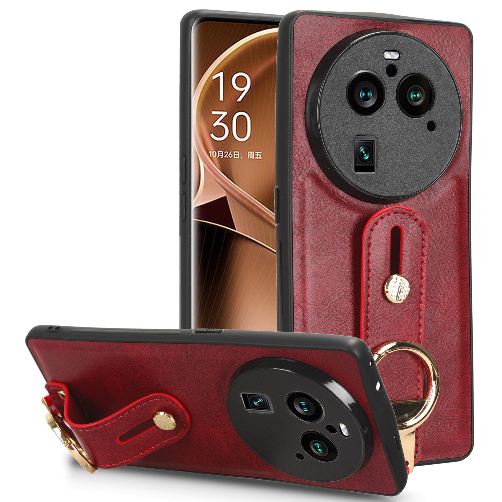 Phone Cover for Oppo Find X6 Pro Wristband Kickstand PU Leather Coated PC+TPU Case with Neck Strap