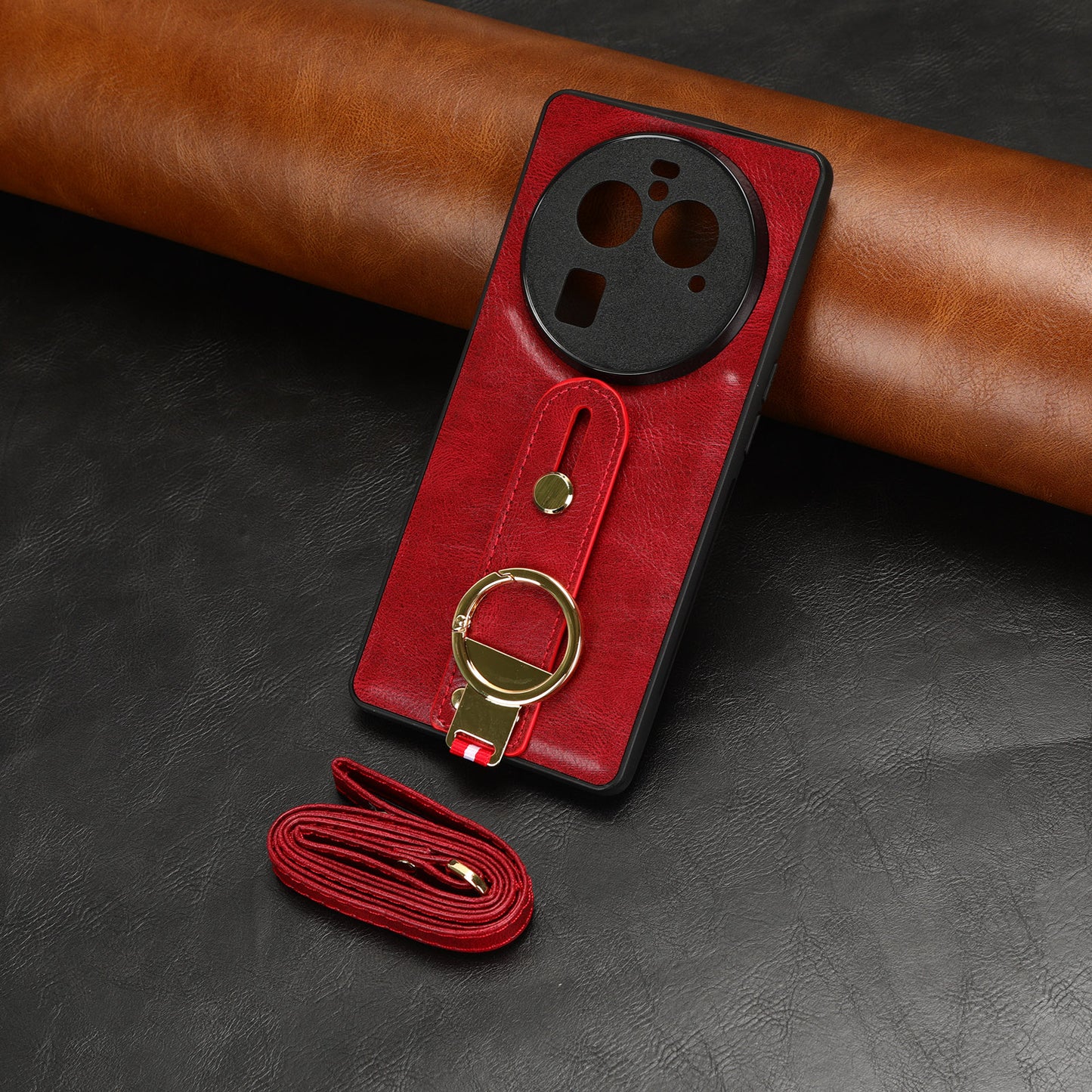 Phone Cover for Oppo Find X6 Pro Wristband Kickstand PU Leather Coated PC+TPU Case with Neck Strap