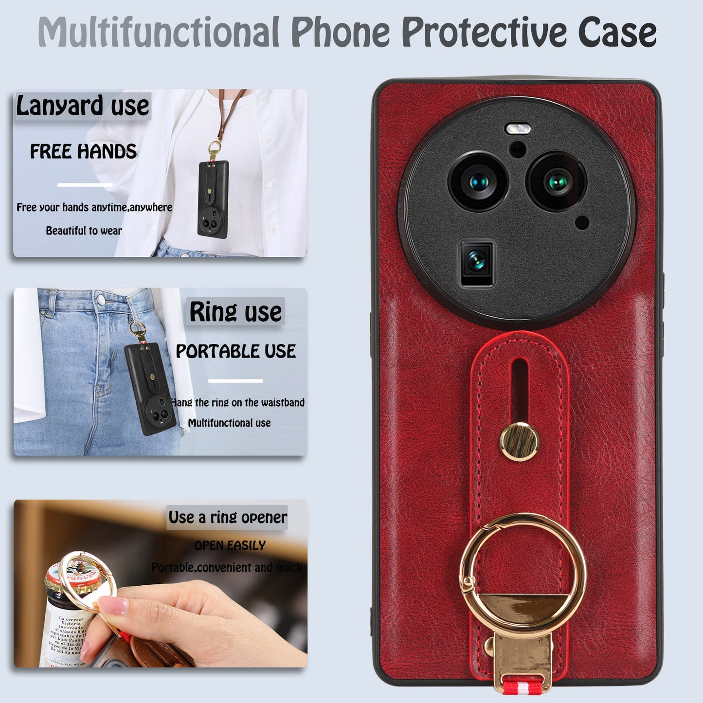 Phone Cover for Oppo Find X6 Pro Wristband Kickstand PU Leather Coated PC+TPU Case with Neck Strap