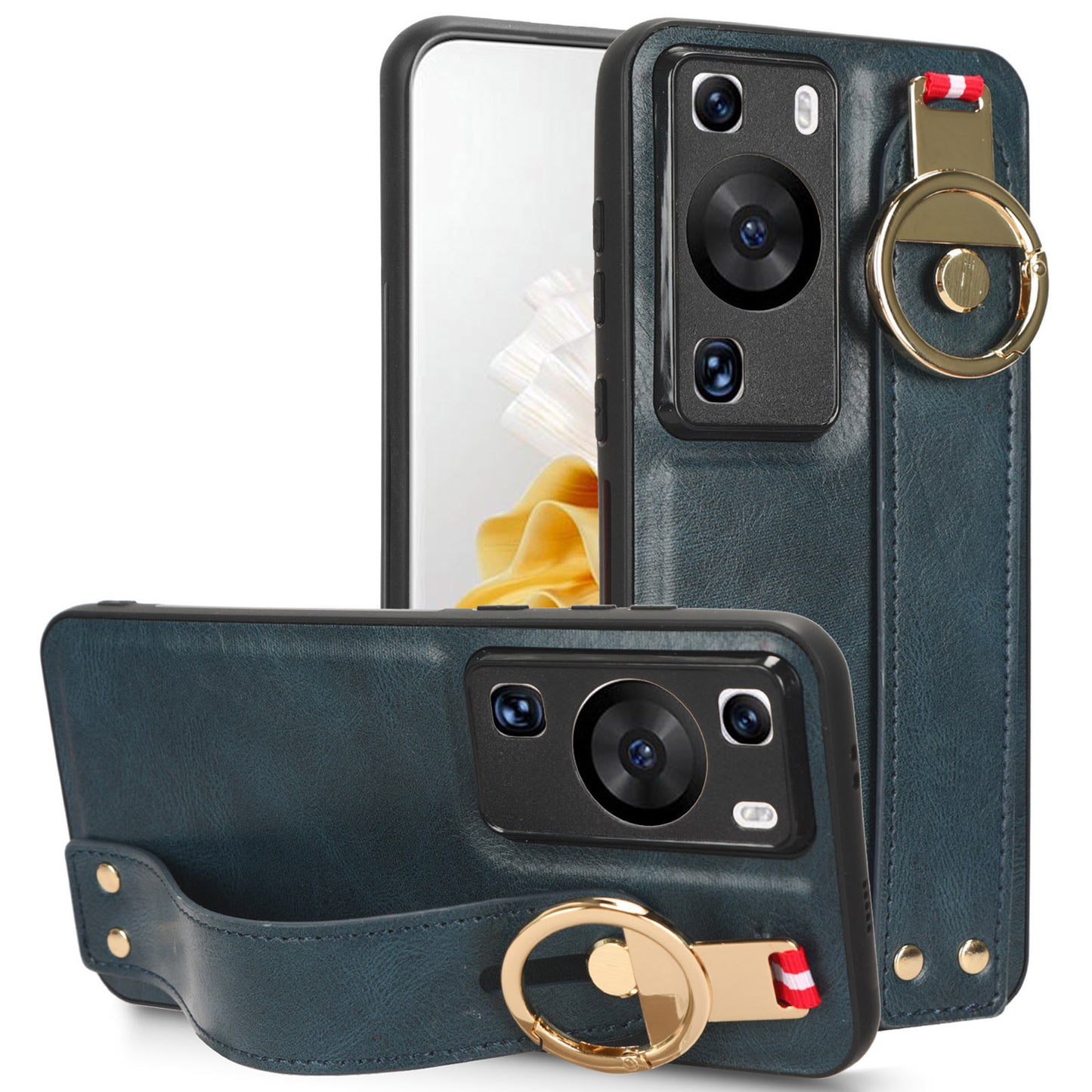 For Huawei P60 / P60 Pro Phone Cover Wristband Kickstand PU Leather Coated PC+TPU Case with Neck Strap