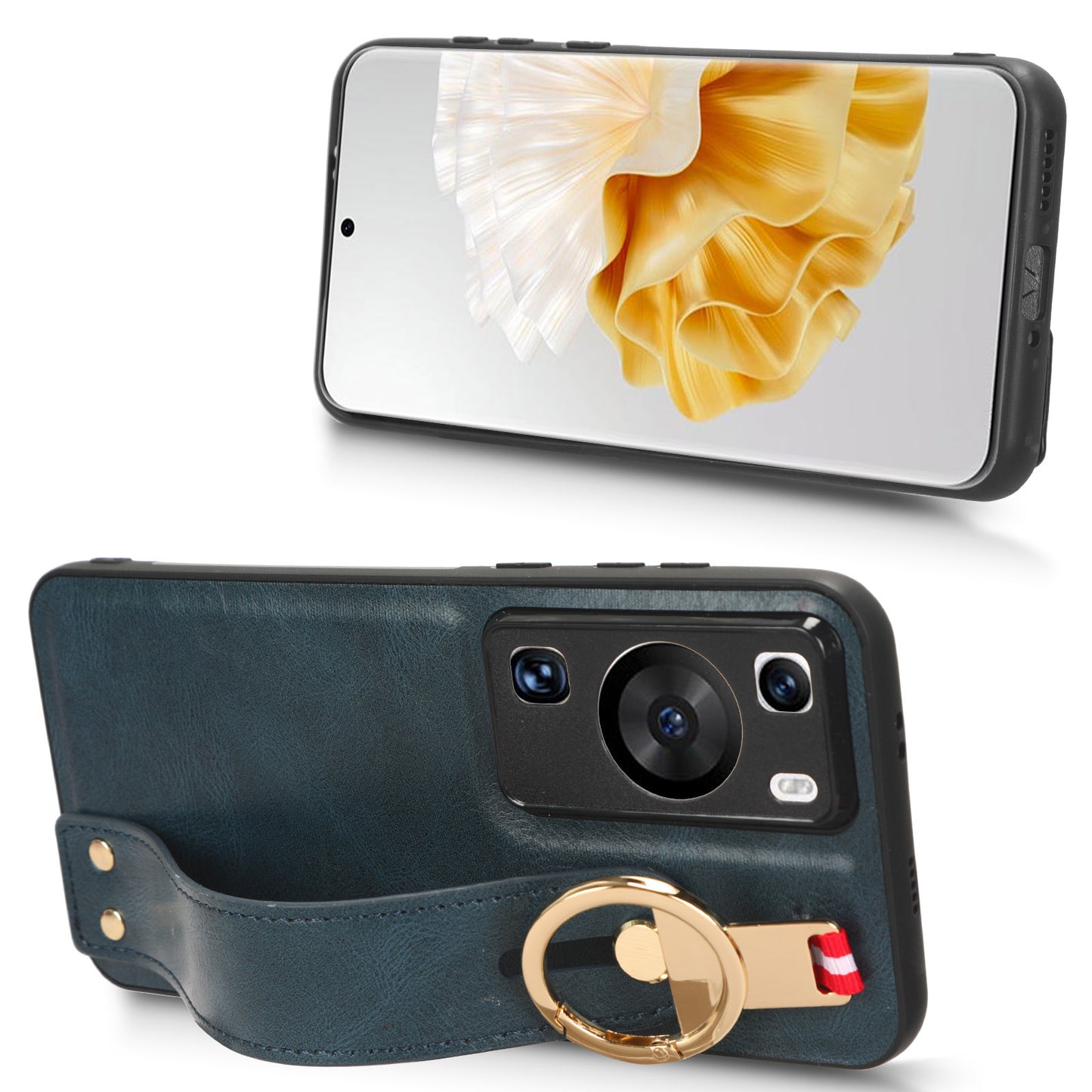 For Huawei P60 / P60 Pro Phone Cover Wristband Kickstand PU Leather Coated PC+TPU Case with Neck Strap