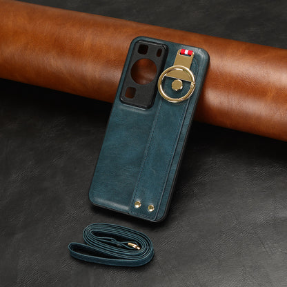 For Huawei P60 / P60 Pro Phone Cover Wristband Kickstand PU Leather Coated PC+TPU Case with Neck Strap