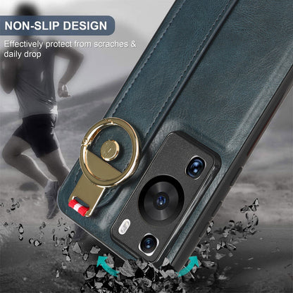 For Huawei P60 / P60 Pro Phone Cover Wristband Kickstand PU Leather Coated PC+TPU Case with Neck Strap