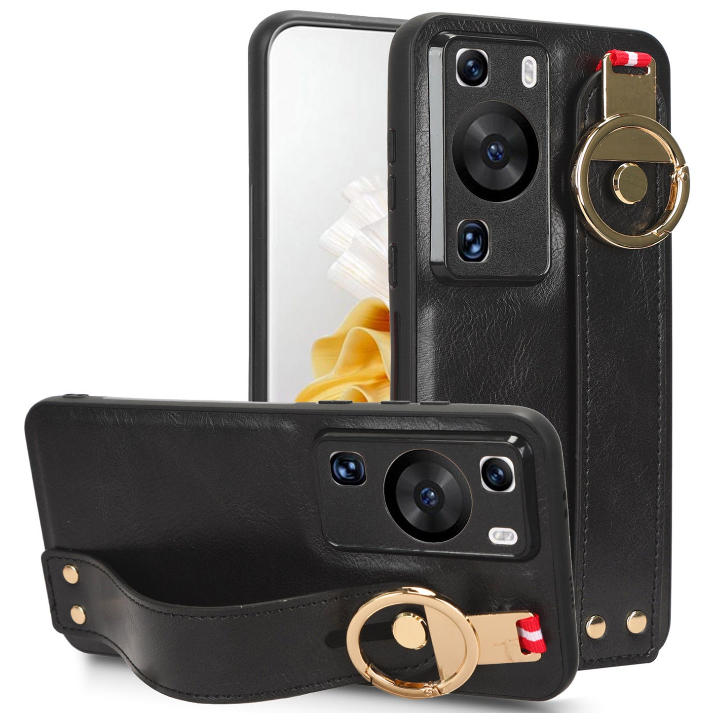 For Huawei P60 / P60 Pro Phone Cover Wristband Kickstand PU Leather Coated PC+TPU Case with Neck Strap