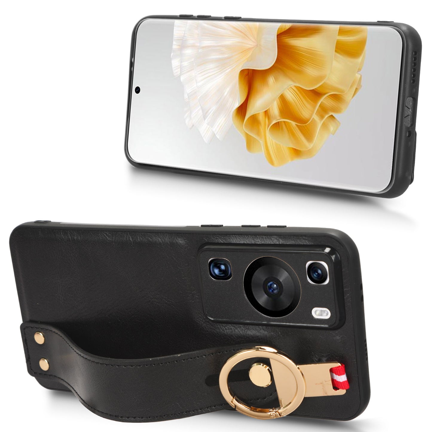 For Huawei P60 / P60 Pro Phone Cover Wristband Kickstand PU Leather Coated PC+TPU Case with Neck Strap