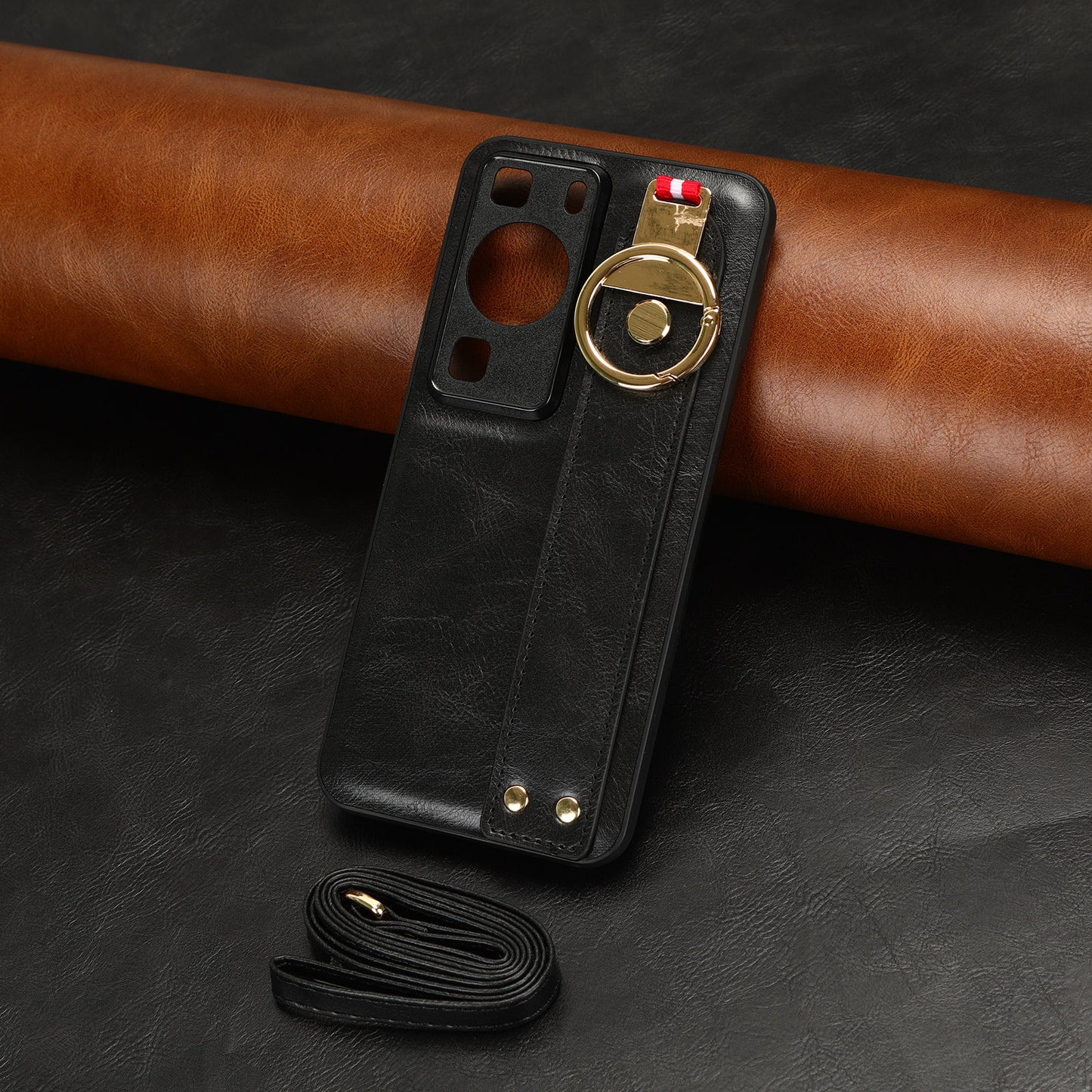 For Huawei P60 / P60 Pro Phone Cover Wristband Kickstand PU Leather Coated PC+TPU Case with Neck Strap