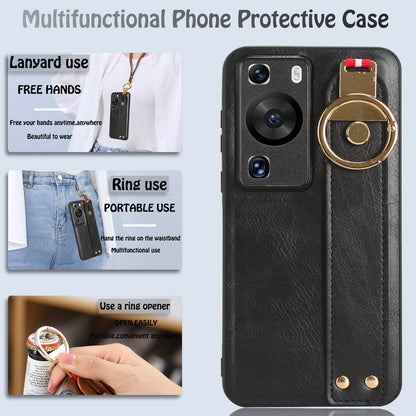 For Huawei P60 / P60 Pro Phone Cover Wristband Kickstand PU Leather Coated PC+TPU Case with Neck Strap