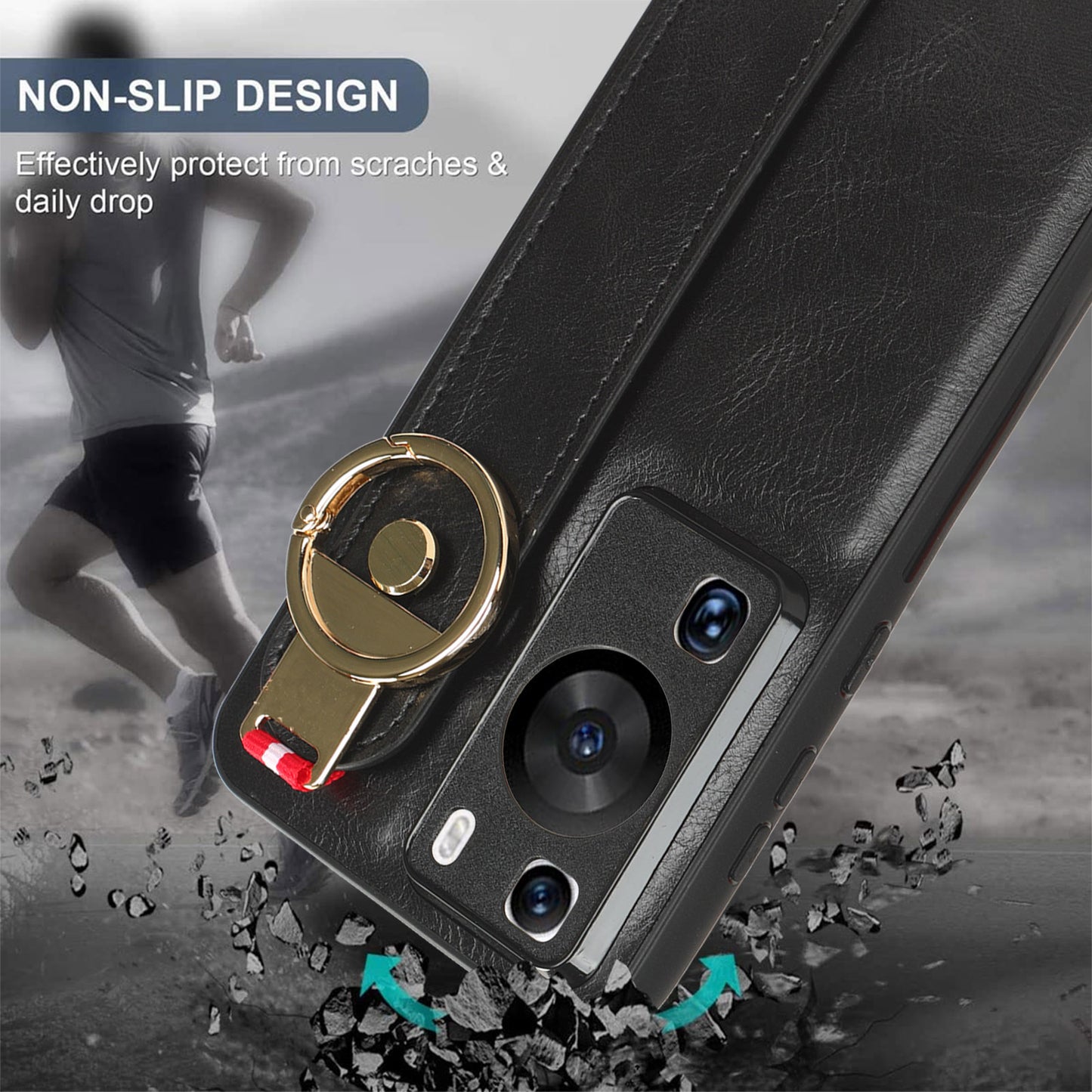 For Huawei P60 / P60 Pro Phone Cover Wristband Kickstand PU Leather Coated PC+TPU Case with Neck Strap