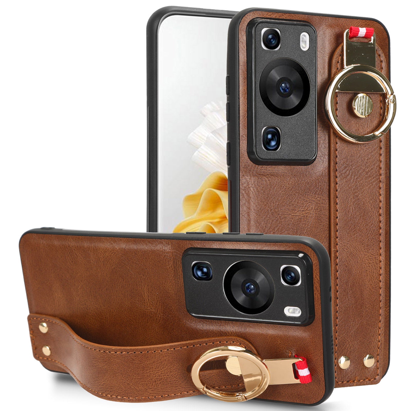 For Huawei P60 / P60 Pro Phone Cover Wristband Kickstand PU Leather Coated PC+TPU Case with Neck Strap
