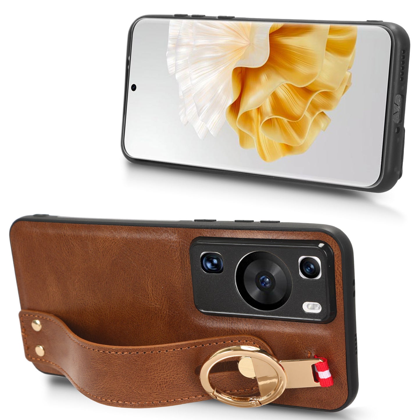 For Huawei P60 / P60 Pro Phone Cover Wristband Kickstand PU Leather Coated PC+TPU Case with Neck Strap