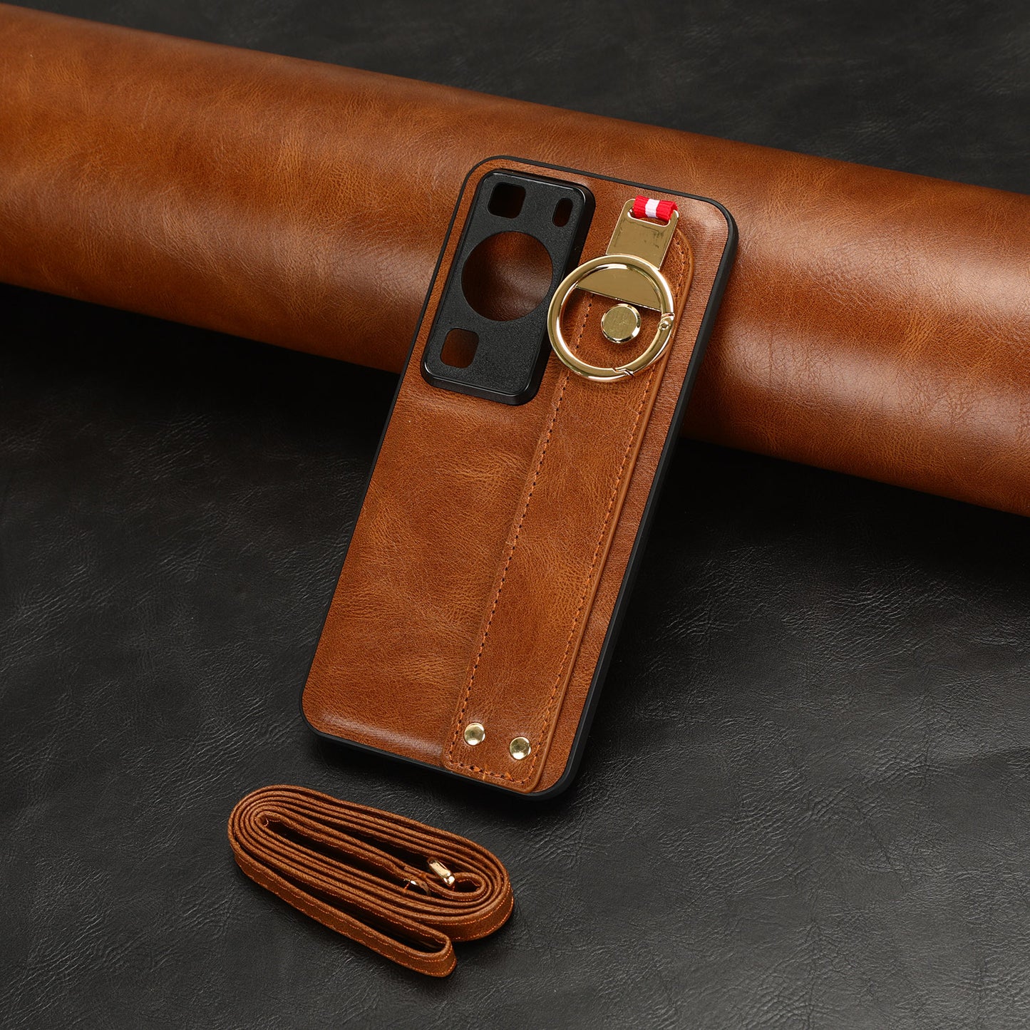 For Huawei P60 / P60 Pro Phone Cover Wristband Kickstand PU Leather Coated PC+TPU Case with Neck Strap
