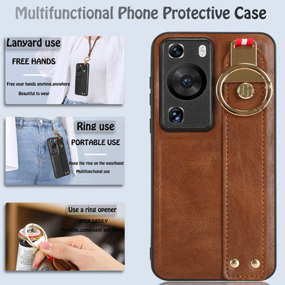 For Huawei P60 / P60 Pro Phone Cover Wristband Kickstand PU Leather Coated PC+TPU Case with Neck Strap