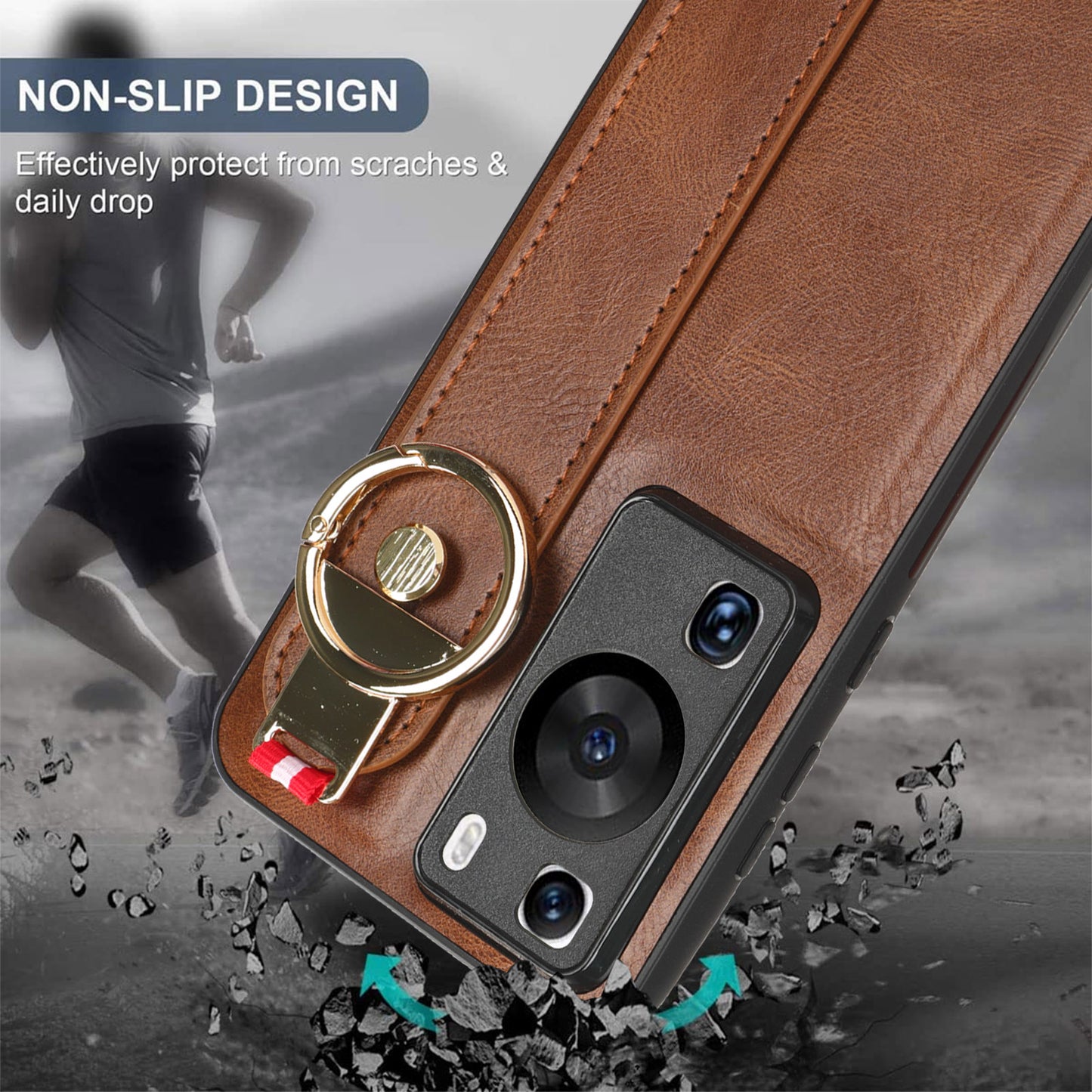 For Huawei P60 / P60 Pro Phone Cover Wristband Kickstand PU Leather Coated PC+TPU Case with Neck Strap