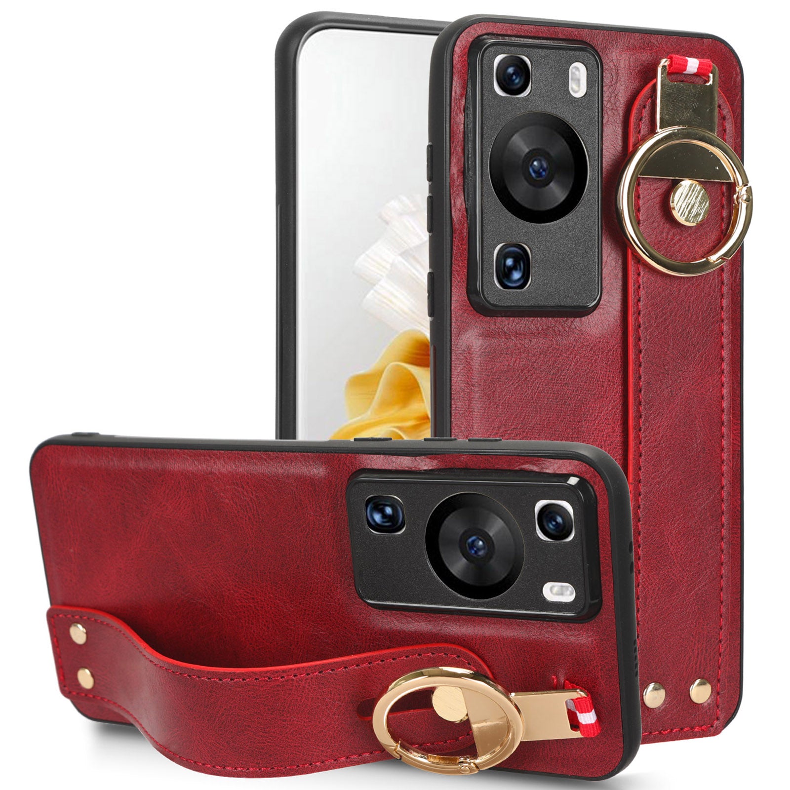 For Huawei P60 / P60 Pro Phone Cover Wristband Kickstand PU Leather Coated PC+TPU Case with Neck Strap