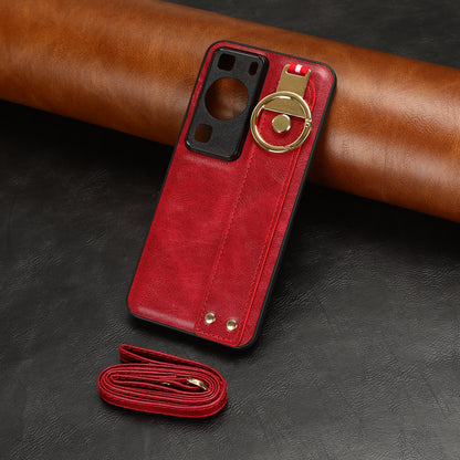 For Huawei P60 / P60 Pro Phone Cover Wristband Kickstand PU Leather Coated PC+TPU Case with Neck Strap