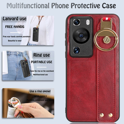 For Huawei P60 / P60 Pro Phone Cover Wristband Kickstand PU Leather Coated PC+TPU Case with Neck Strap
