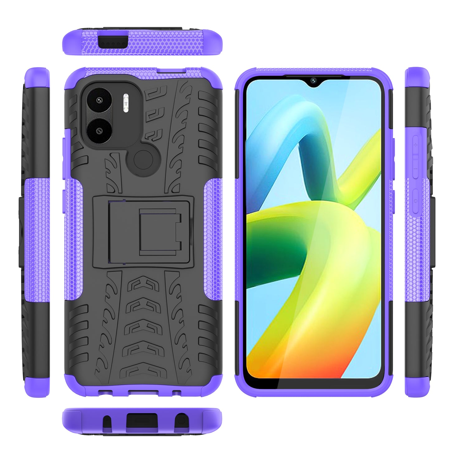 For Xiaomi Redmi A1+ 4G / A2+ 4G / Poco C50 4G Kickstand Phone Cover PC+TPU Tyre Pattern Case