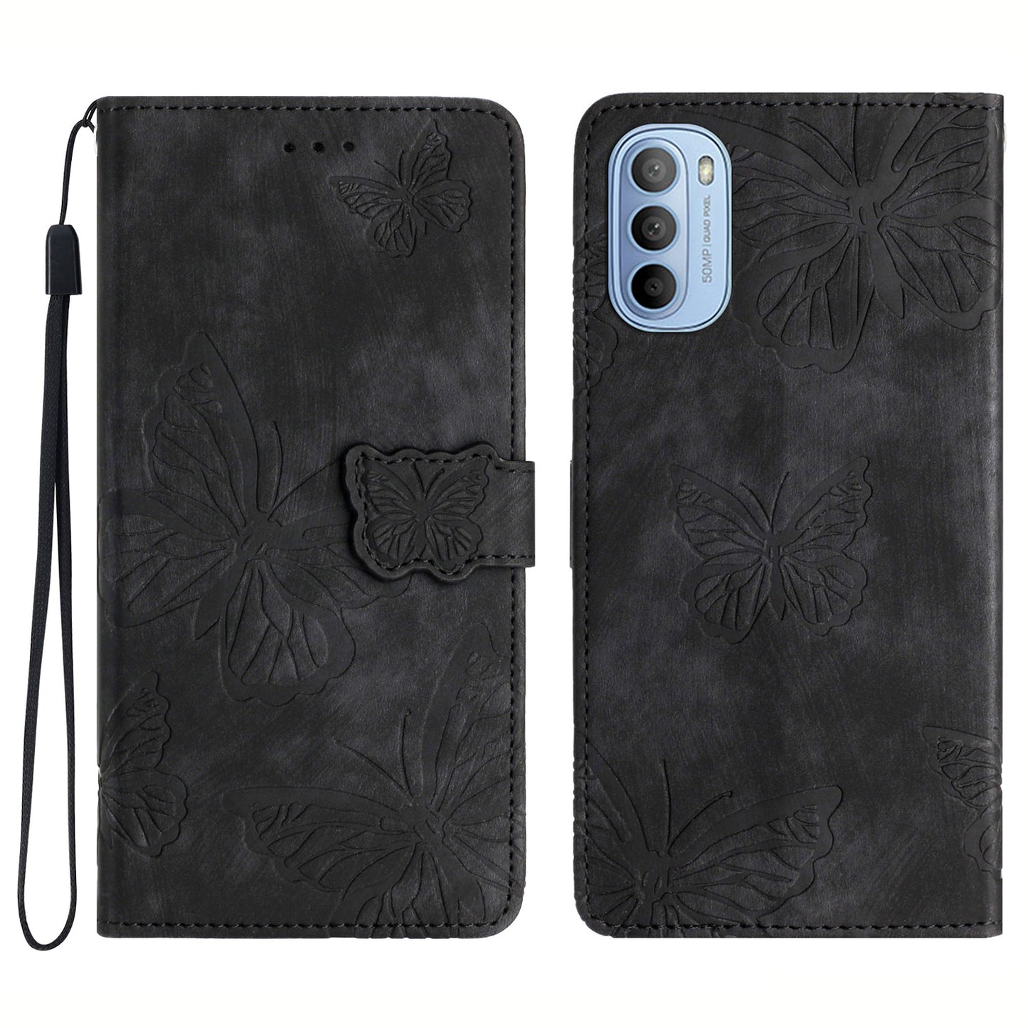 For Motorola Moto G62 5G Stand Phone Case Butterfly Imprinted Skin-touch Leather Wallet Phone Cover