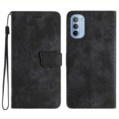 For Motorola Moto G62 5G Stand Phone Case Butterfly Imprinted Skin-touch Leather Wallet Phone Cover