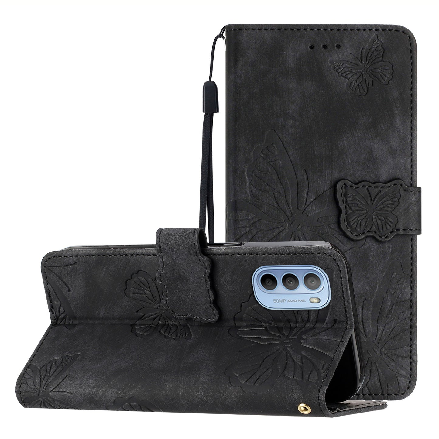 For Motorola Moto G62 5G Stand Phone Case Butterfly Imprinted Skin-touch Leather Wallet Phone Cover