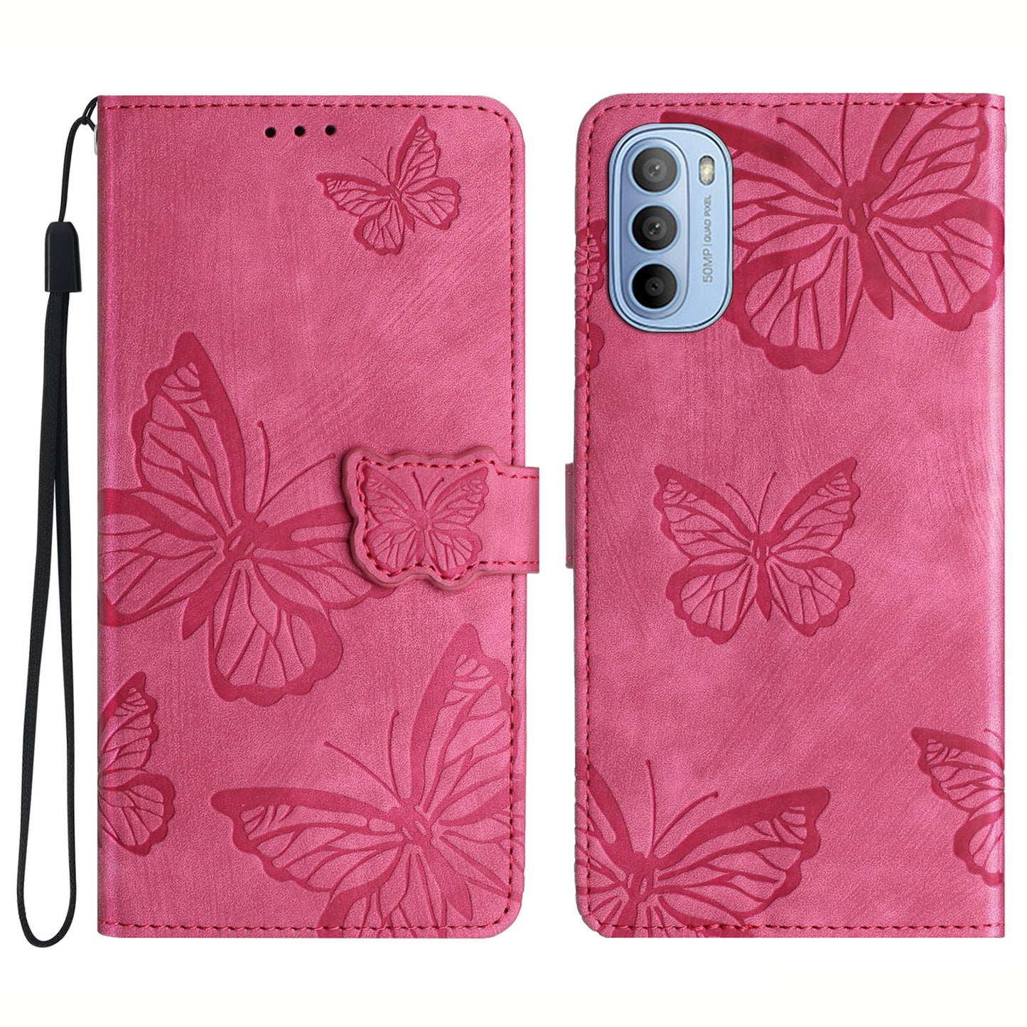 For Motorola Moto G62 5G Stand Phone Case Butterfly Imprinted Skin-touch Leather Wallet Phone Cover