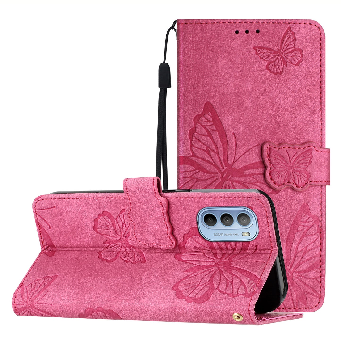 For Motorola Moto G62 5G Stand Phone Case Butterfly Imprinted Skin-touch Leather Wallet Phone Cover