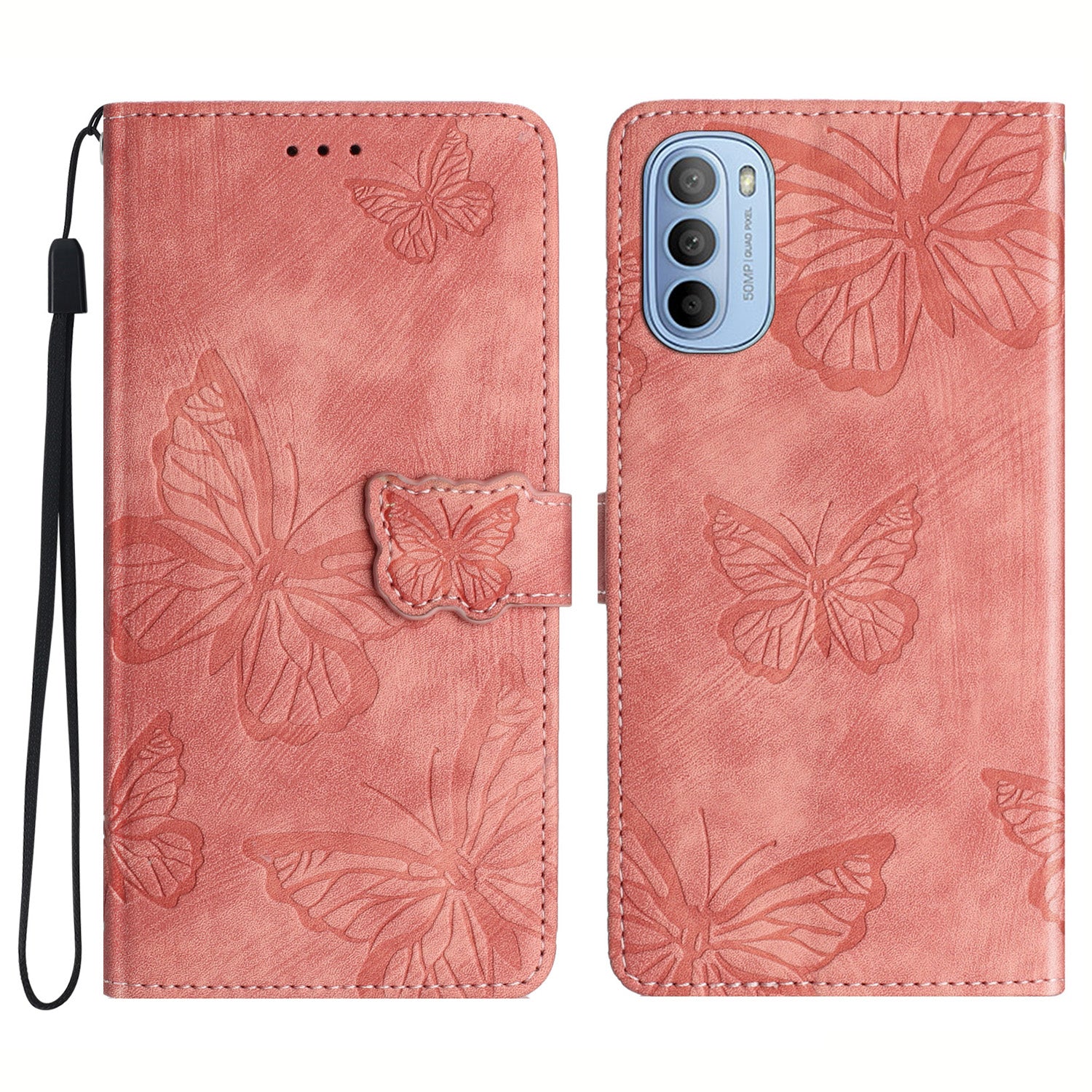 For Motorola Moto G62 5G Stand Phone Case Butterfly Imprinted Skin-touch Leather Wallet Phone Cover