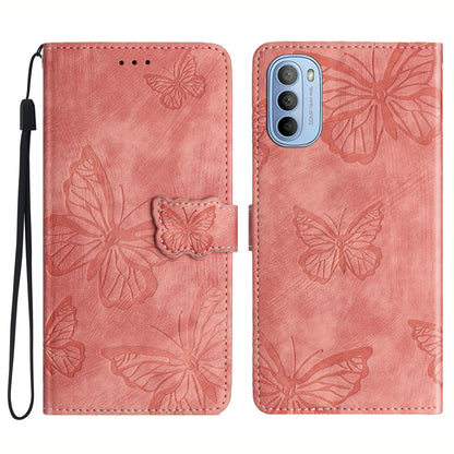 For Motorola Moto G62 5G Stand Phone Case Butterfly Imprinted Skin-touch Leather Wallet Phone Cover