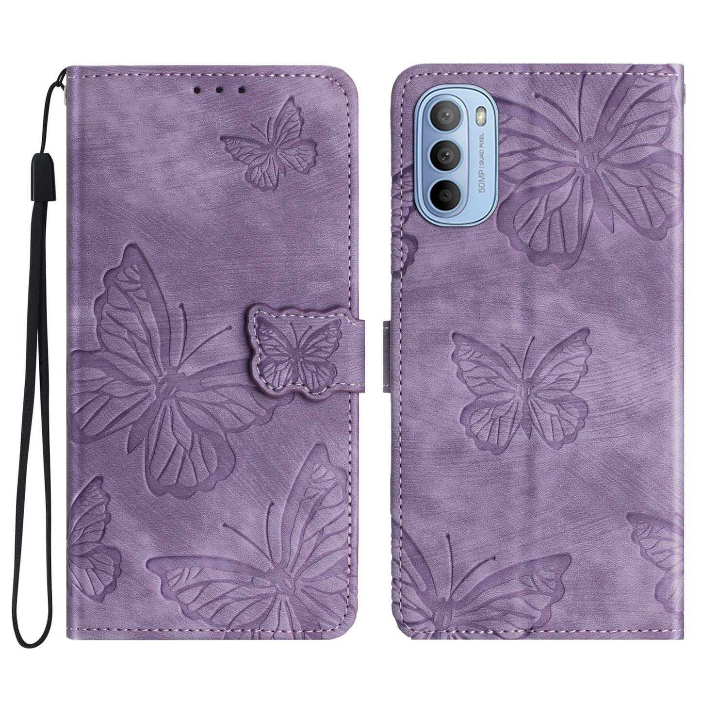 For Motorola Moto G62 5G Stand Phone Case Butterfly Imprinted Skin-touch Leather Wallet Phone Cover