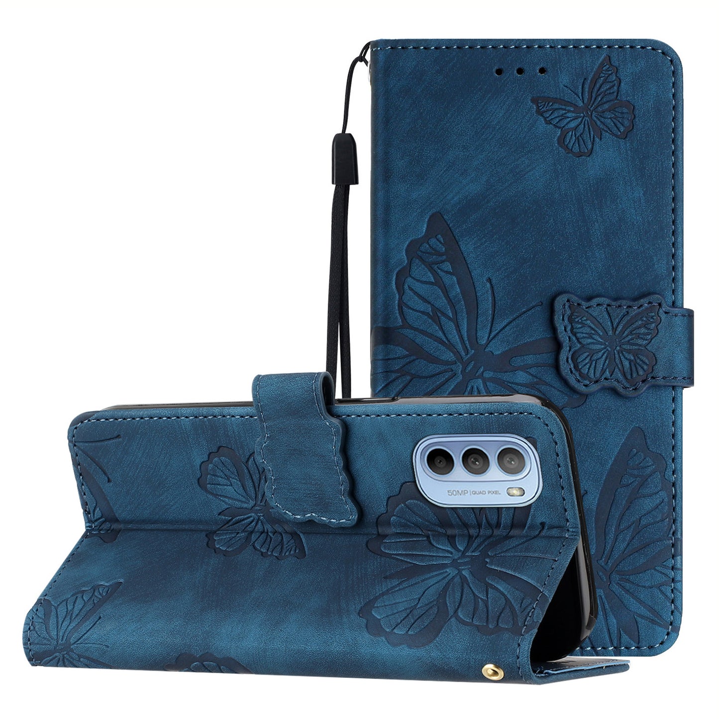 For Motorola Moto G62 5G Stand Phone Case Butterfly Imprinted Skin-touch Leather Wallet Phone Cover