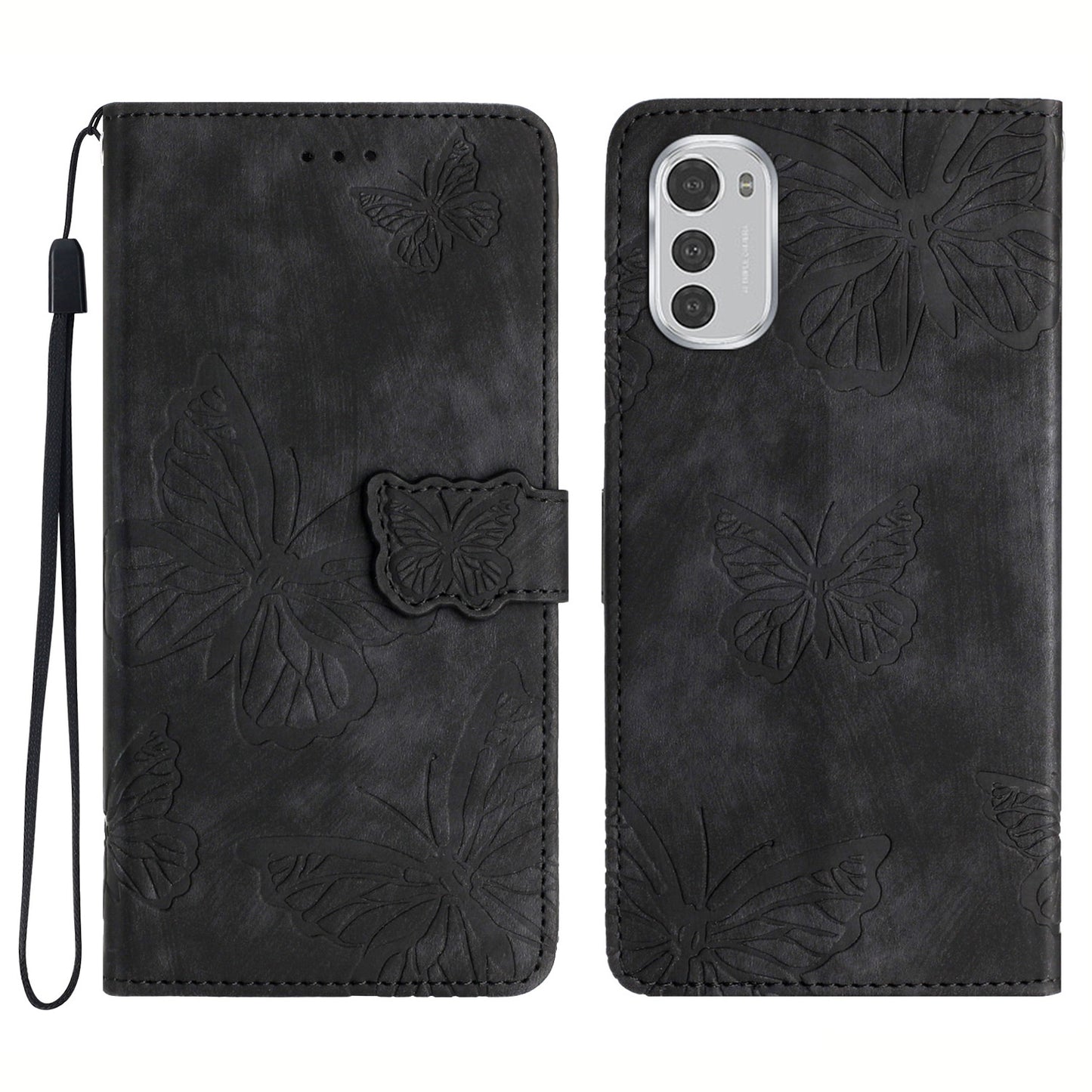 For Motorola Moto E32 4G Butterfly Imprinted Stand Leather Case Skin-touch Phone Wallet Cover