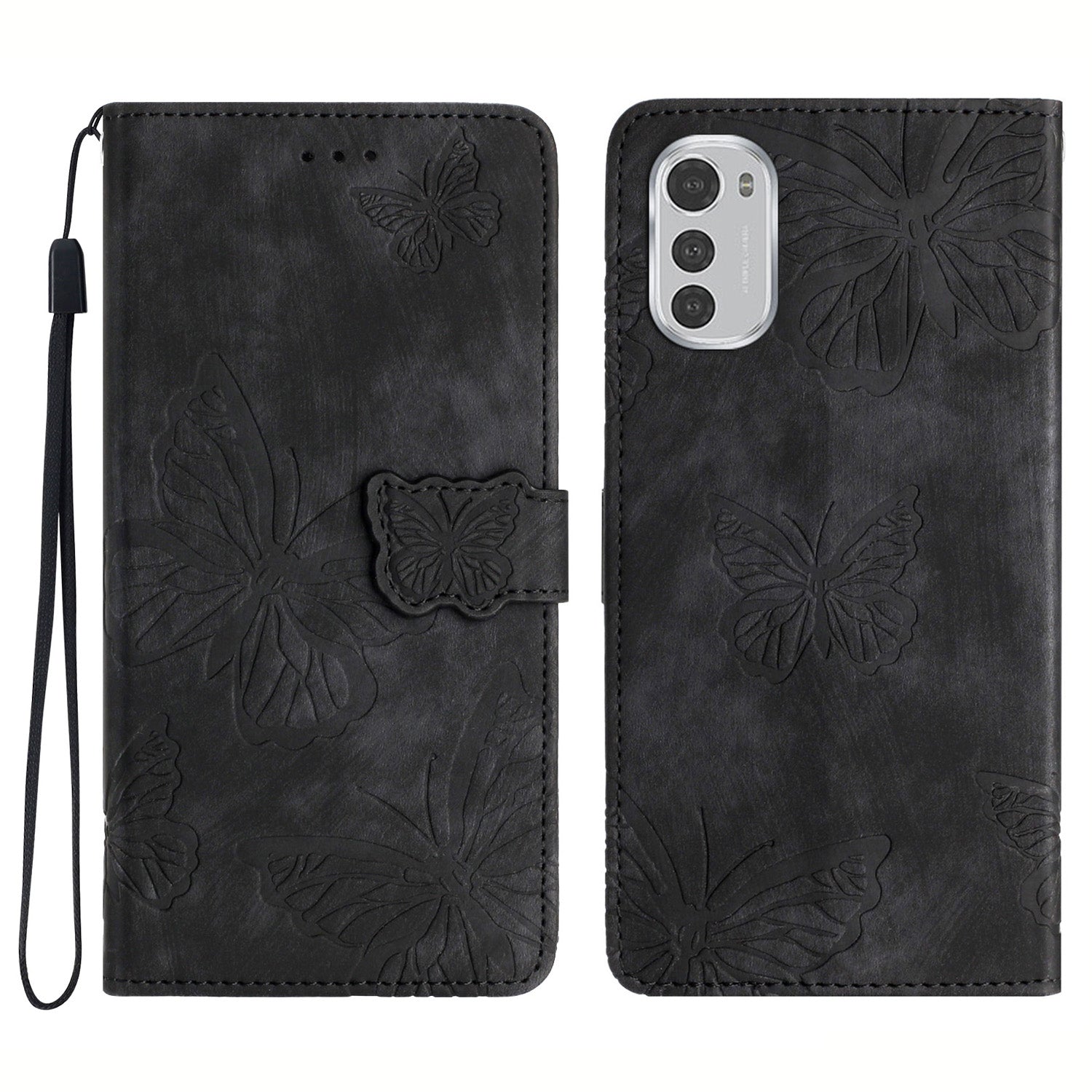 For Motorola Moto E32 4G Butterfly Imprinted Stand Leather Case Skin-touch Phone Wallet Cover