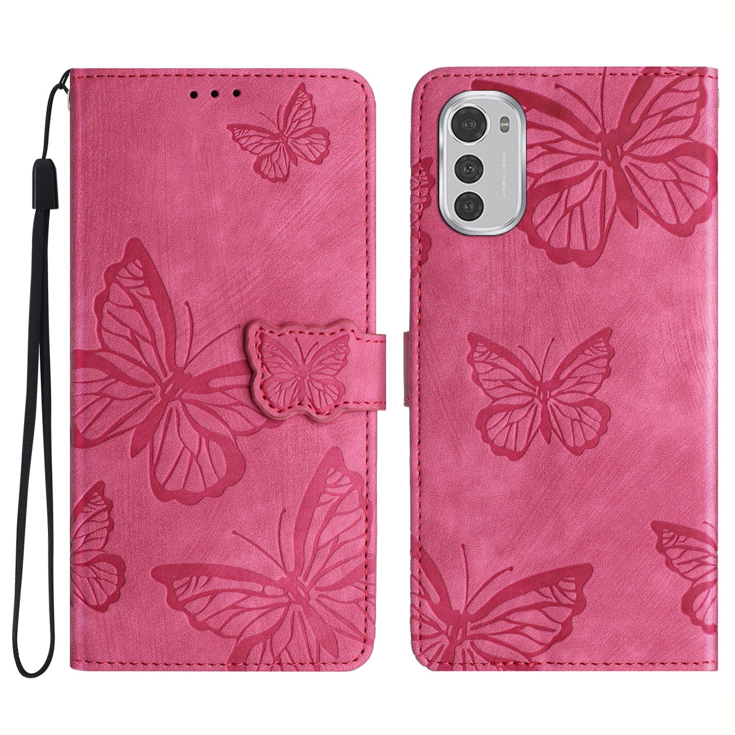 For Motorola Moto E32 4G Butterfly Imprinted Stand Leather Case Skin-touch Phone Wallet Cover
