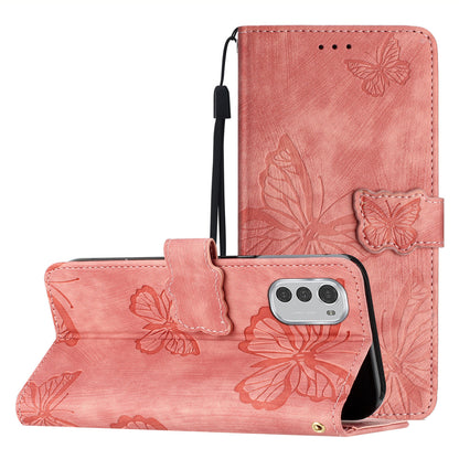 For Motorola Moto E32 4G Butterfly Imprinted Stand Leather Case Skin-touch Phone Wallet Cover