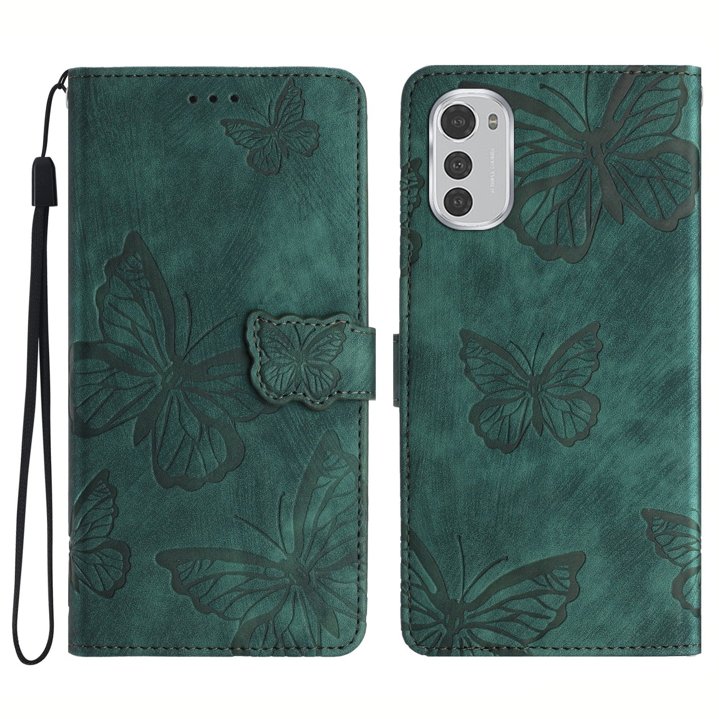 For Motorola Moto E32 4G Butterfly Imprinted Stand Leather Case Skin-touch Phone Wallet Cover