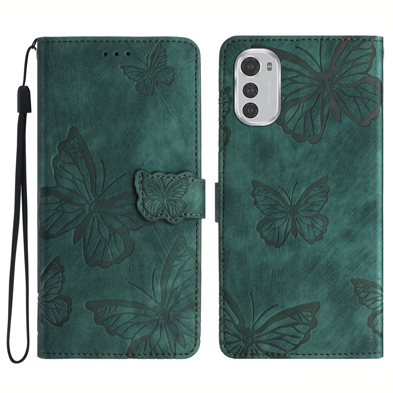 For Motorola Moto E32 4G Butterfly Imprinted Stand Leather Case Skin-touch Phone Wallet Cover