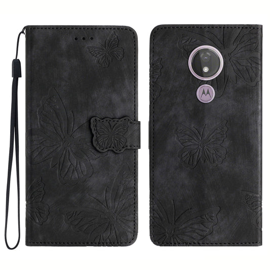 For Motorola Moto G7 Power Skin-touch PU Leather Case Butterfly Imprinted Stand Wallet Phone Cover