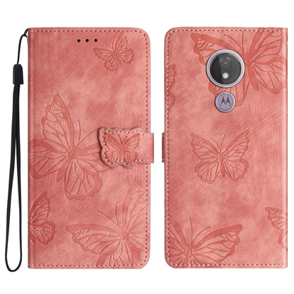 For Motorola Moto G7 Power Skin-touch PU Leather Case Butterfly Imprinted Stand Wallet Phone Cover