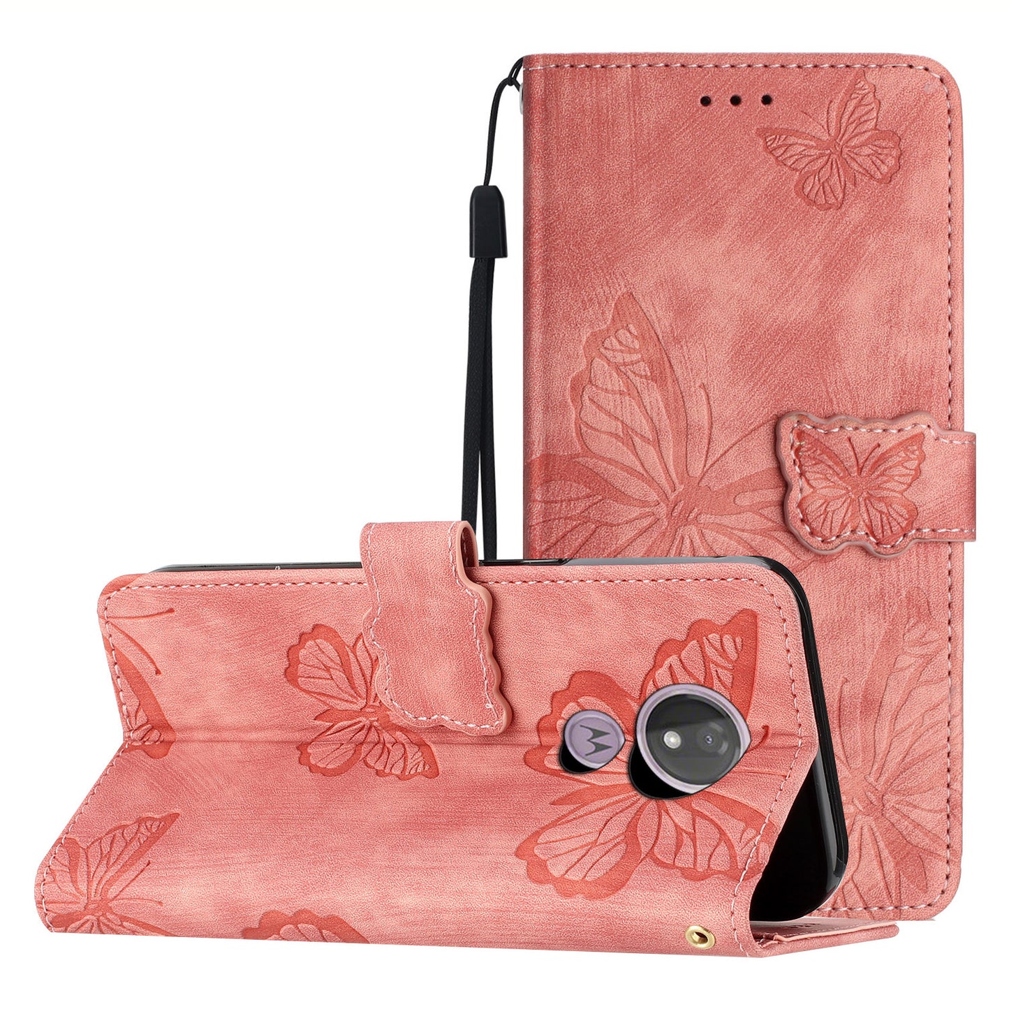 For Motorola Moto G7 Power Skin-touch PU Leather Case Butterfly Imprinted Stand Wallet Phone Cover