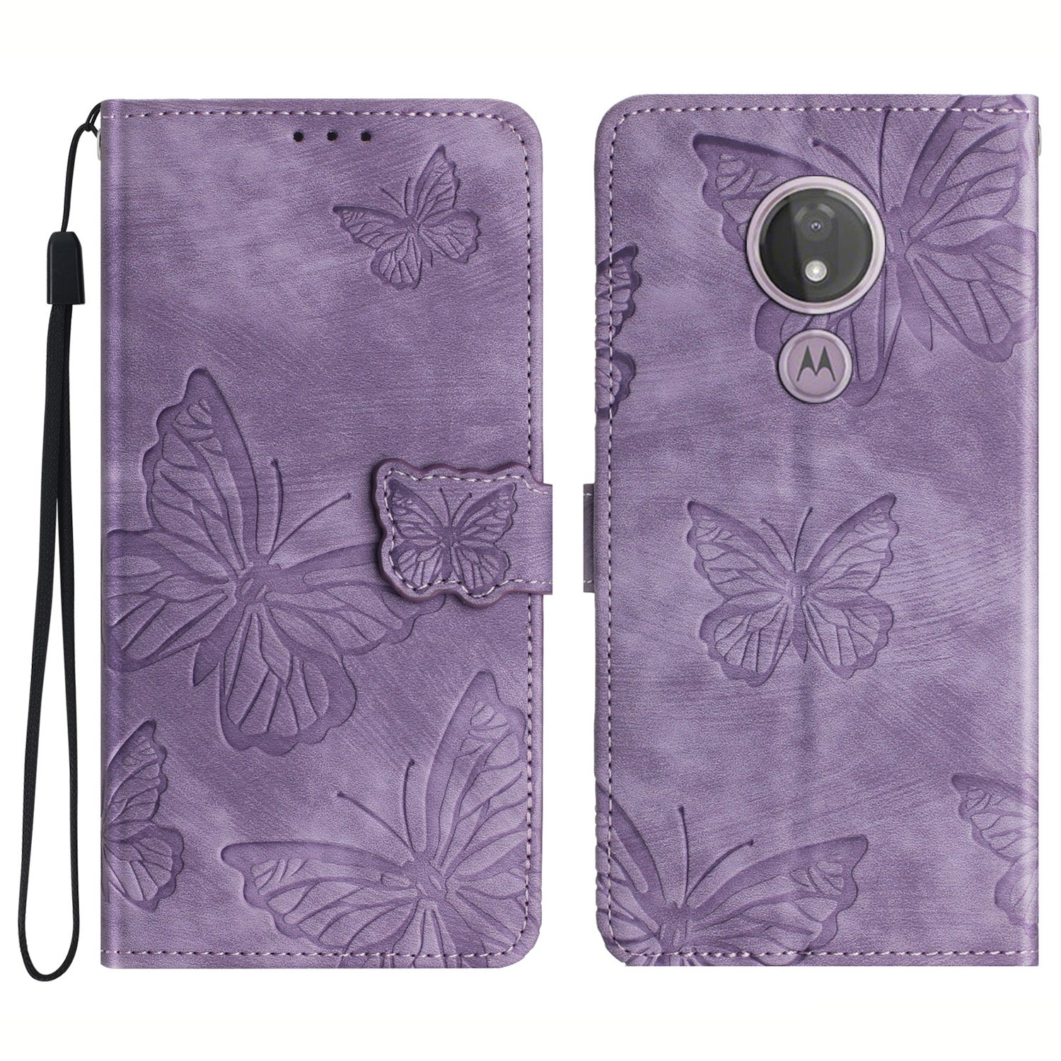 For Motorola Moto G7 Power Skin-touch PU Leather Case Butterfly Imprinted Stand Wallet Phone Cover