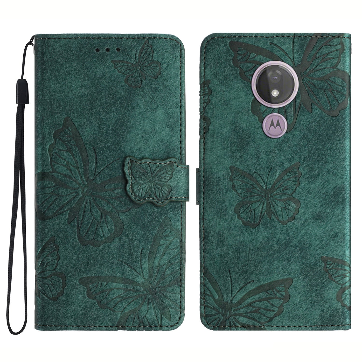 For Motorola Moto G7 Power Skin-touch PU Leather Case Butterfly Imprinted Stand Wallet Phone Cover