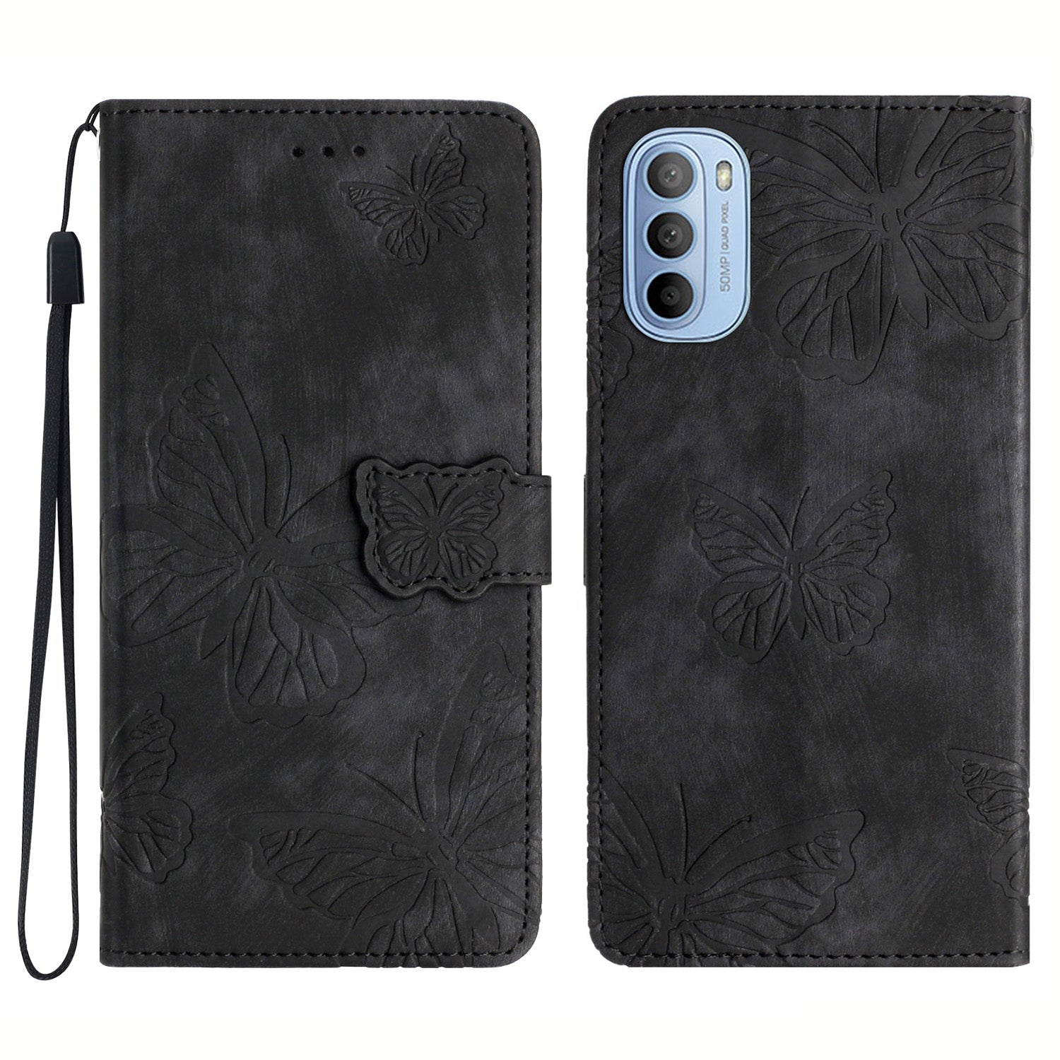 For Motorola Moto G52 4G Skin-touch Leather Phone Wallet Case Butterfly Imprinted Stand Cover