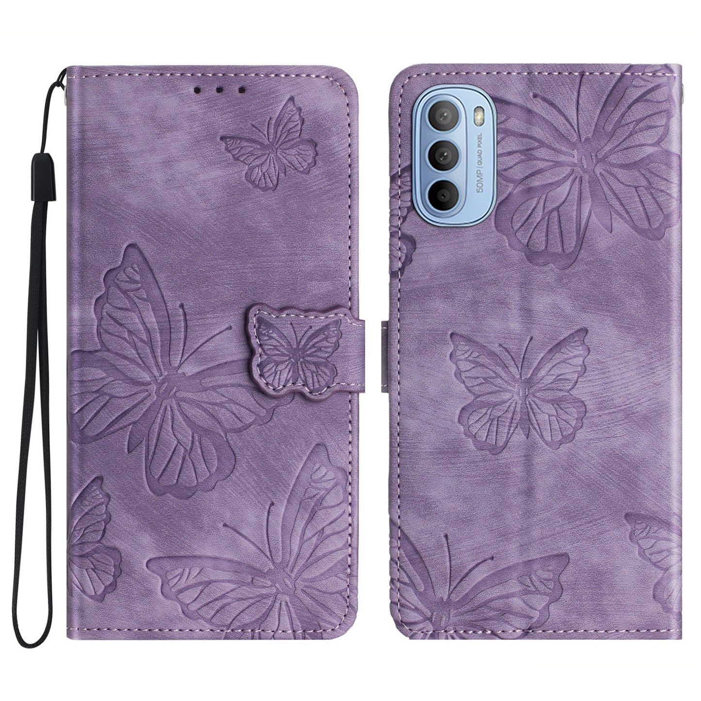 For Motorola Moto G52 4G Skin-touch Leather Phone Wallet Case Butterfly Imprinted Stand Cover