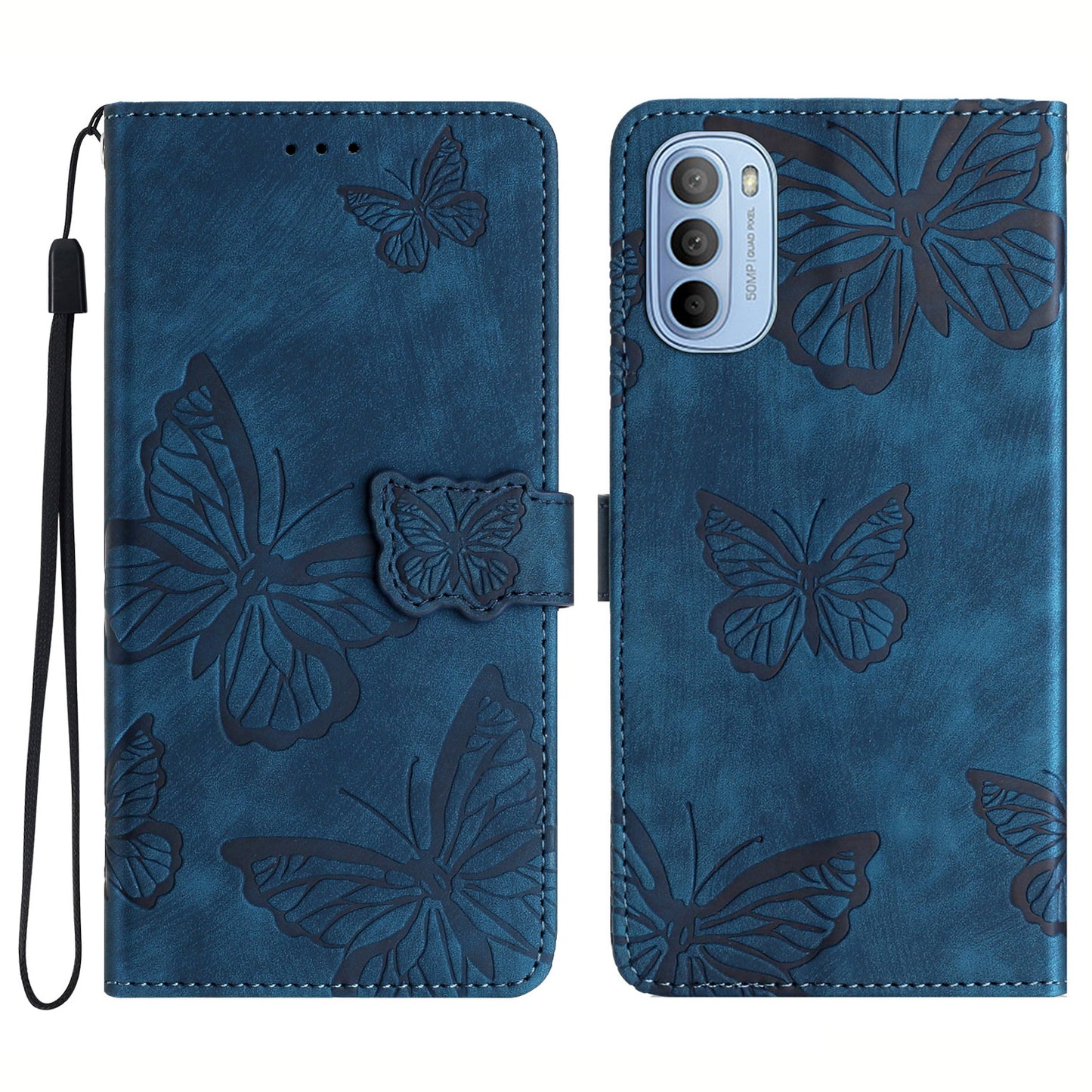 For Motorola Moto G52 4G Skin-touch Leather Phone Wallet Case Butterfly Imprinted Stand Cover